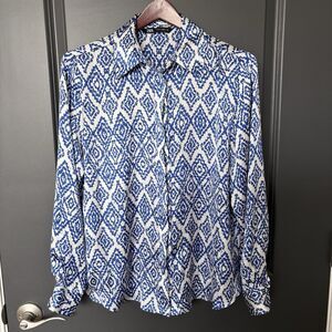 Zara Geometric Ikat Satin Button-Up Blouse Women’s Medium Career Office Chic